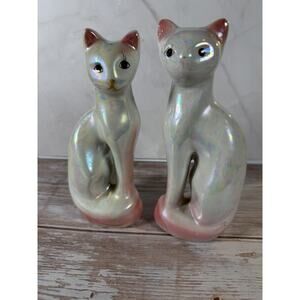 Cats Flirty Eyelash Pink & White Cat Kitty Iridescent MCM 7 Inch Tall Set Of 2